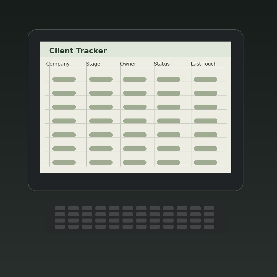 Generic client tracker spreadsheet mockup on a laptop